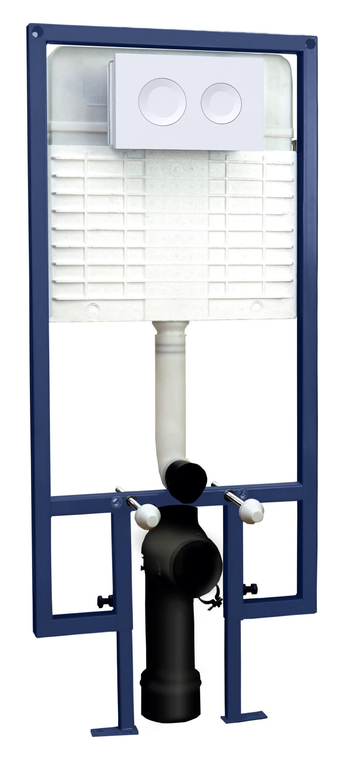 Flush tank for toilet cistern with frame and dual flush mechanism, common bathroom component for modern toilet installation, compact design for efficient water use.