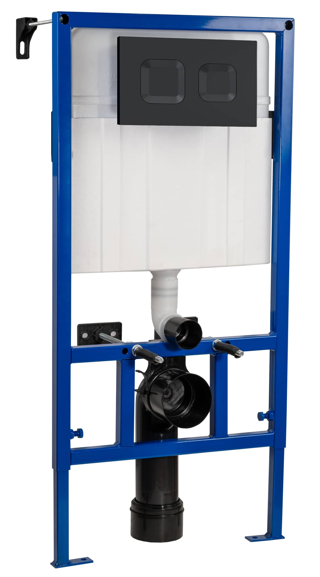 Toilet cistern frame with concealed cistern for wall-hung toilets, featuring a robust blue steel frame and easy access for bathroom installation and maintenance.
