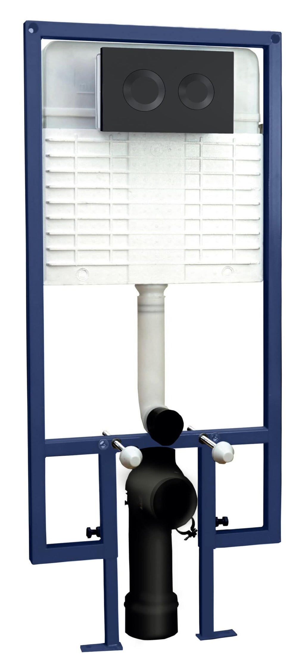 Flush tank for toilet installation with label, cistern, and plumbing components.