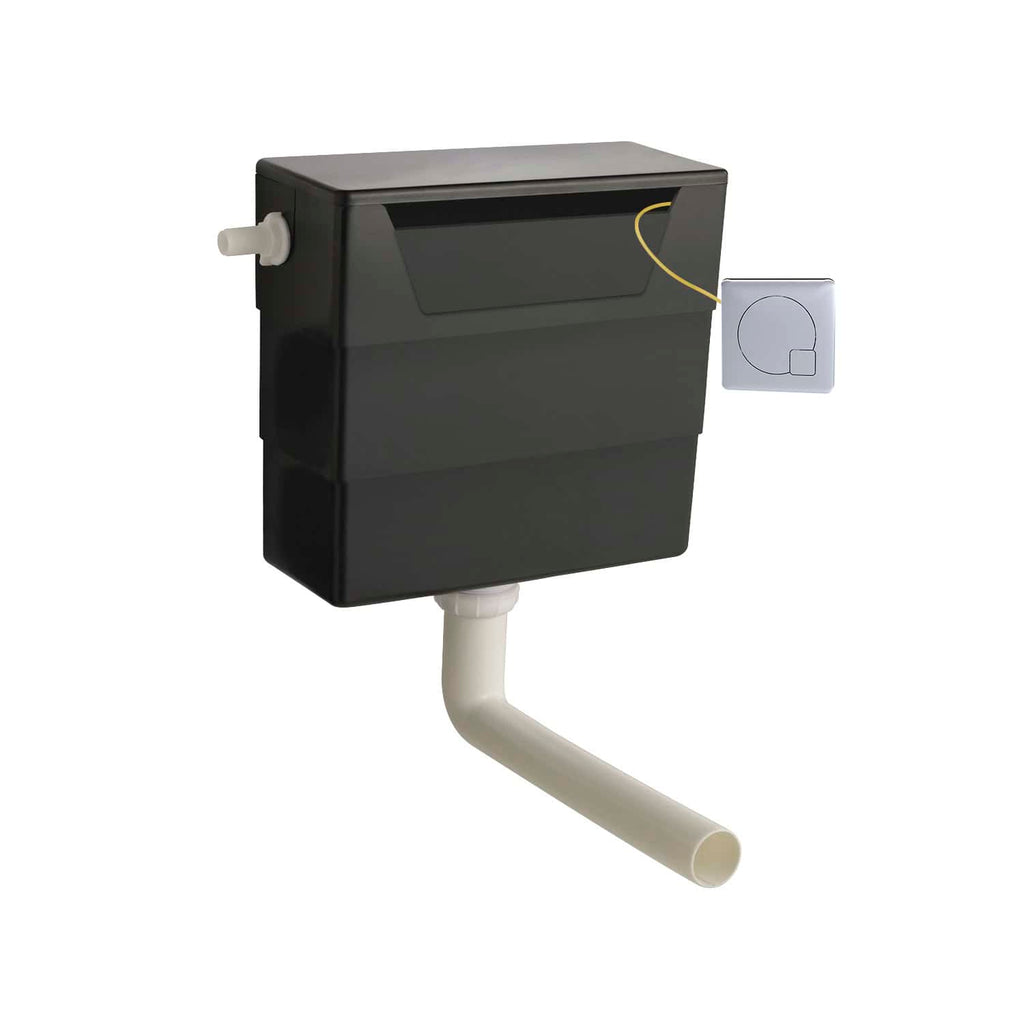 Black concealed toilet cistern with white pipe and flush button, ideal for modern bathroom plumbing solutions.