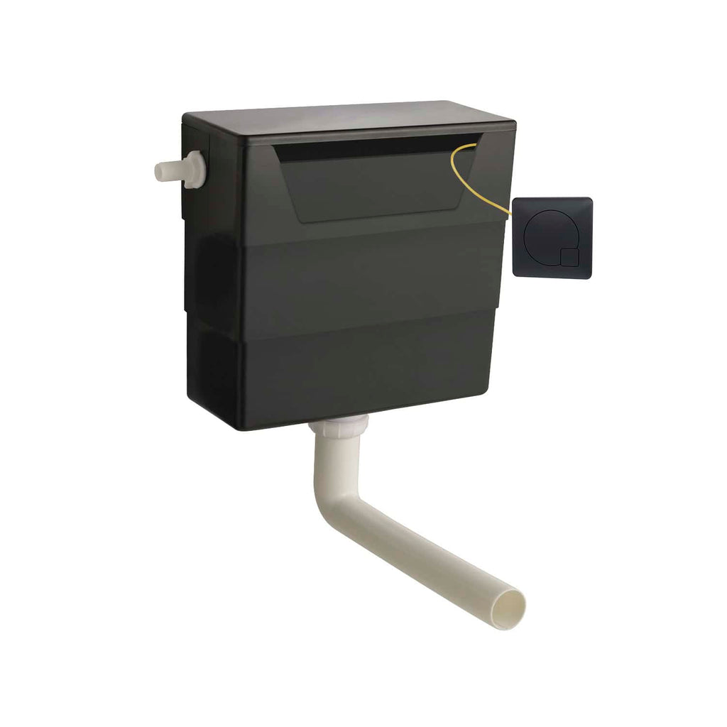 Side view of a black toilet cistern with a white outlet pipe and a push button flush mechanism, suitable for modern bathroom installations.