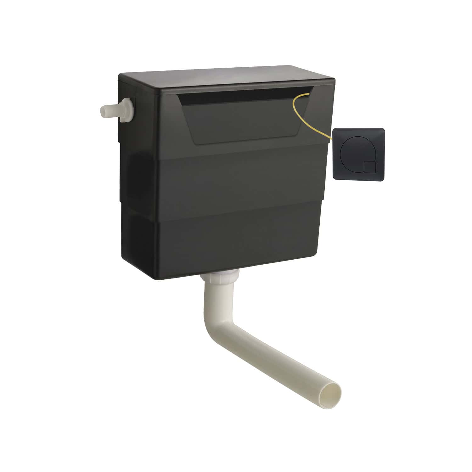 Side view of a black toilet cistern with a white outlet pipe and a push button flush mechanism, suitable for modern bathroom installations.