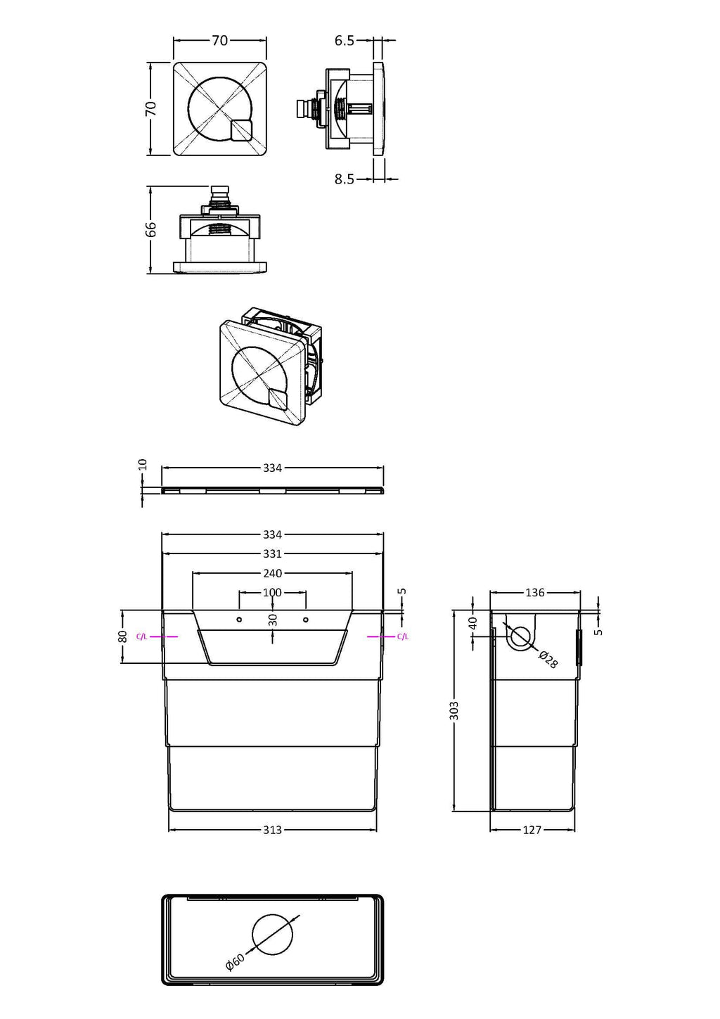 Schematic technical drawing of a bathroom installation, including measurements for a sink and fittings, ideal for bathroom renovation projects.