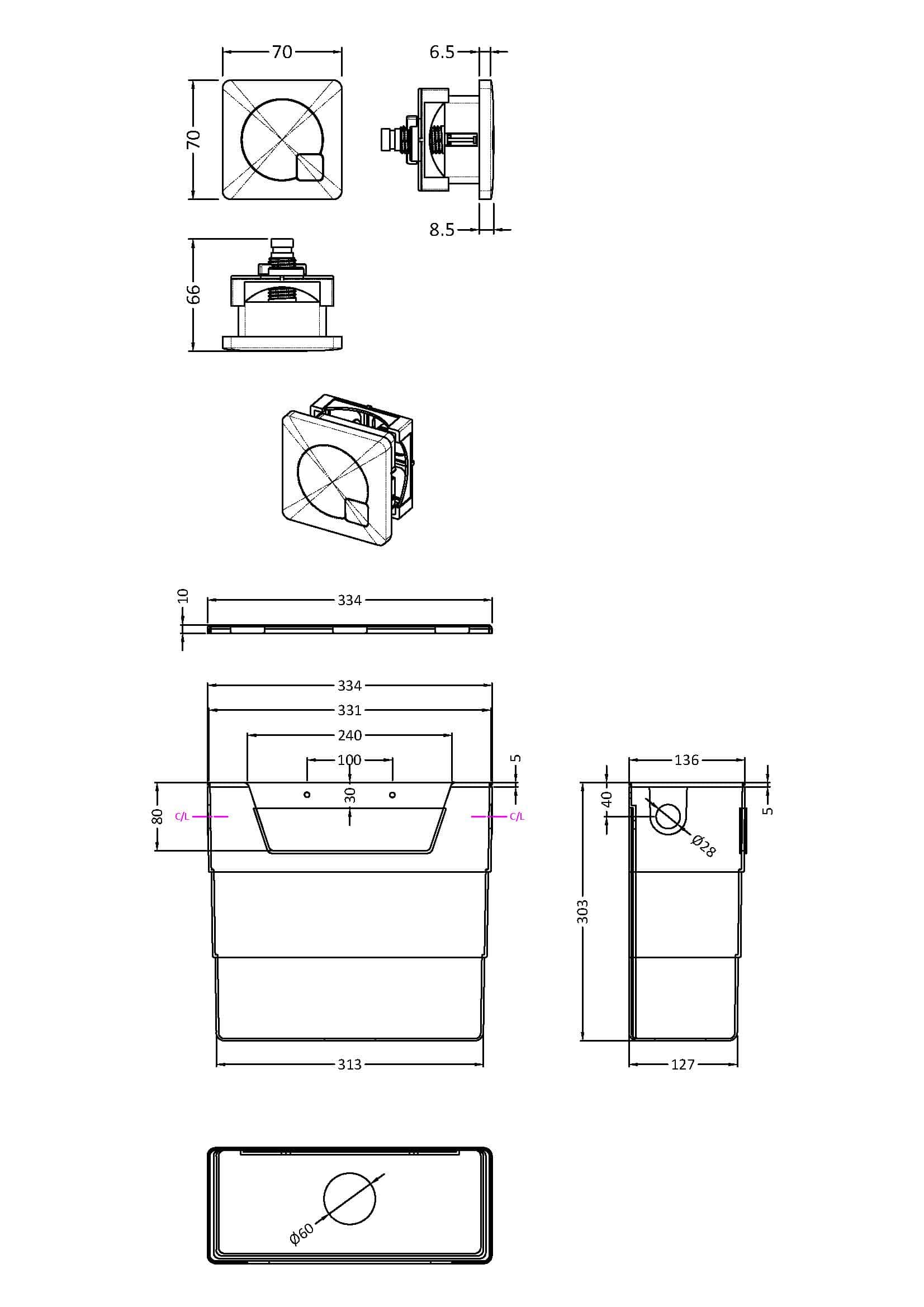 Schematic technical drawing of a bathroom installation, including measurements for a sink and fittings, ideal for bathroom renovation projects.