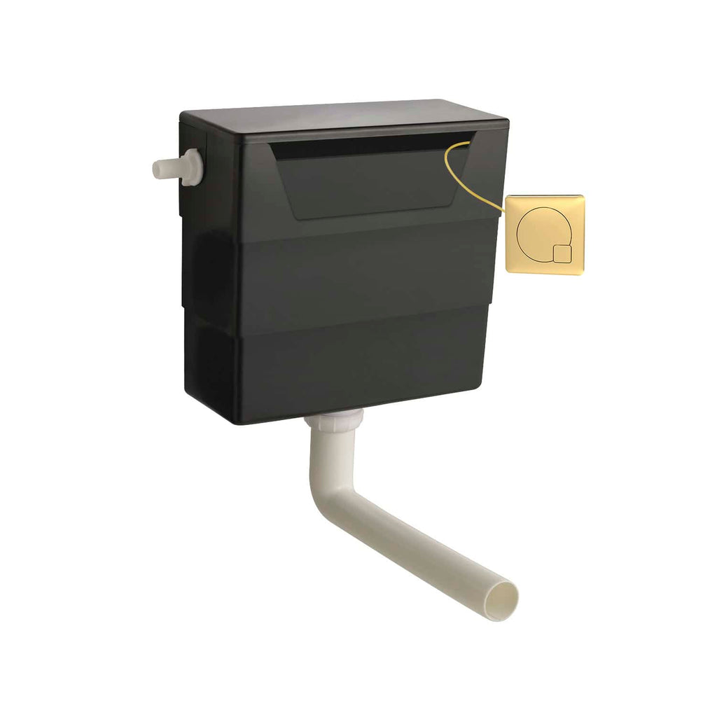 Black concealed toilet cistern with dual flush mechanism and pipe connection, designed for modern bathroom installations, enhancing space-saving and efficient flushing.