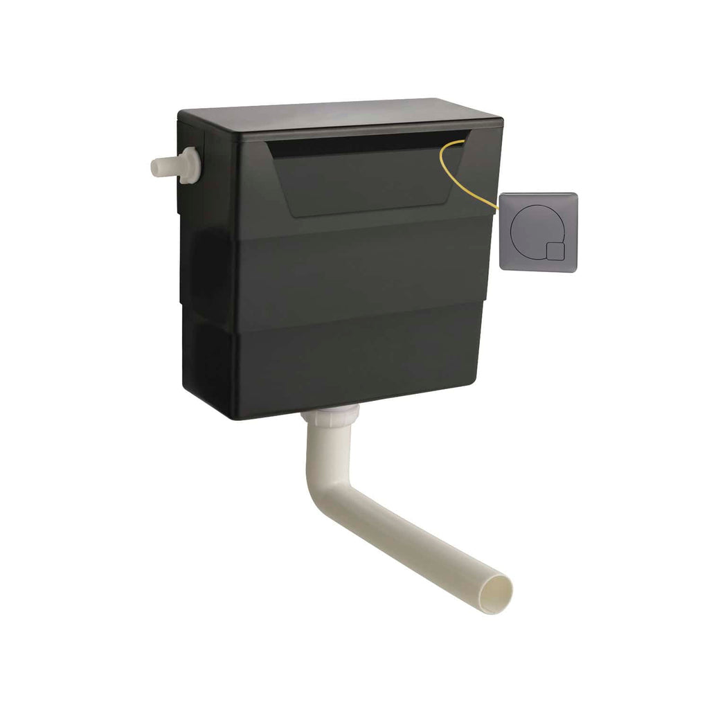 Pump system for modern bathroom plumbing; compact grey box with drain pipe and electrical control for efficient waste management in Bubly Bathrooms.