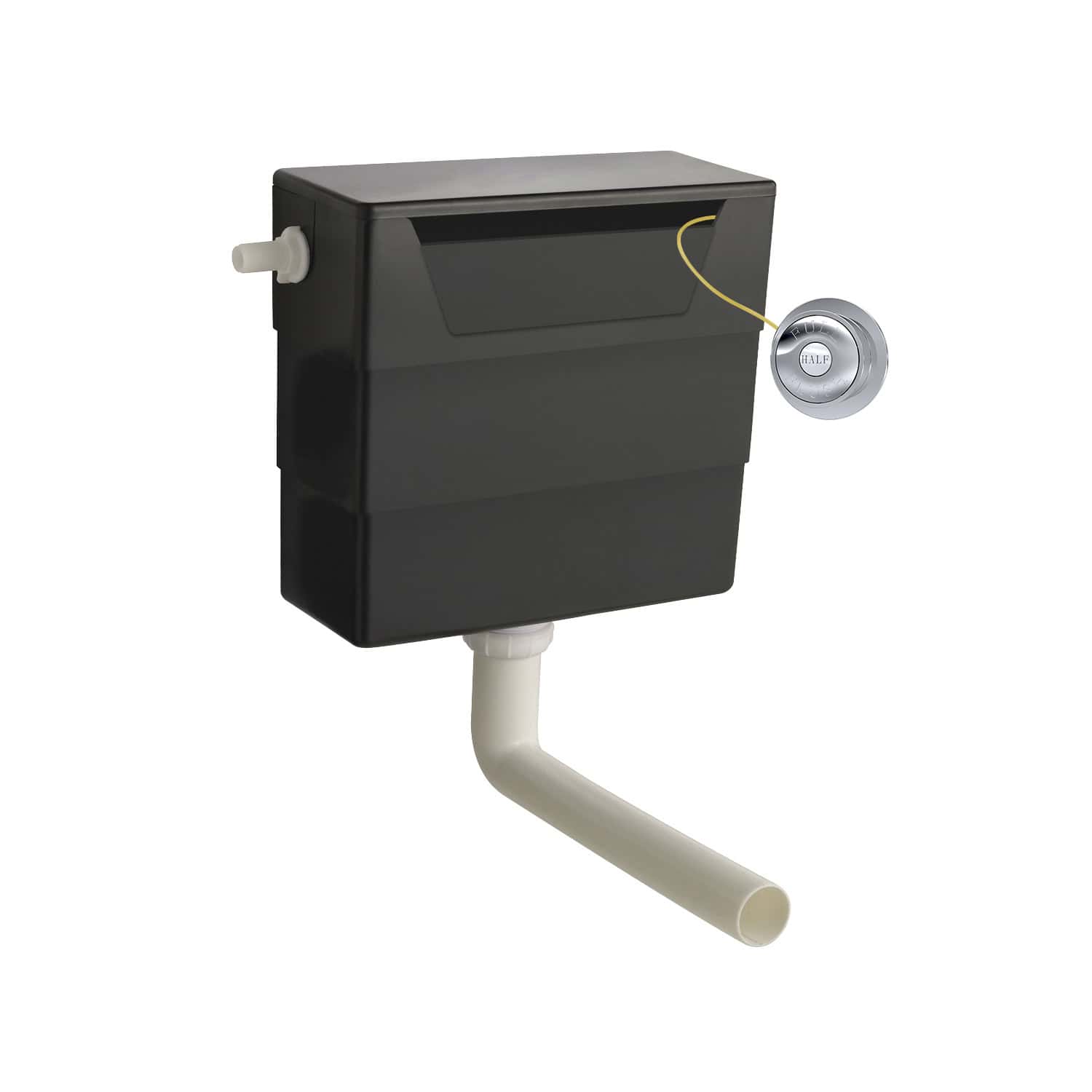 Black concealed cistern toilet tank with flush button and white pipe connection, perfect for modern bathroom installations. Designed for reliable flushing and easy maintenance in contemporary bathroom designs.