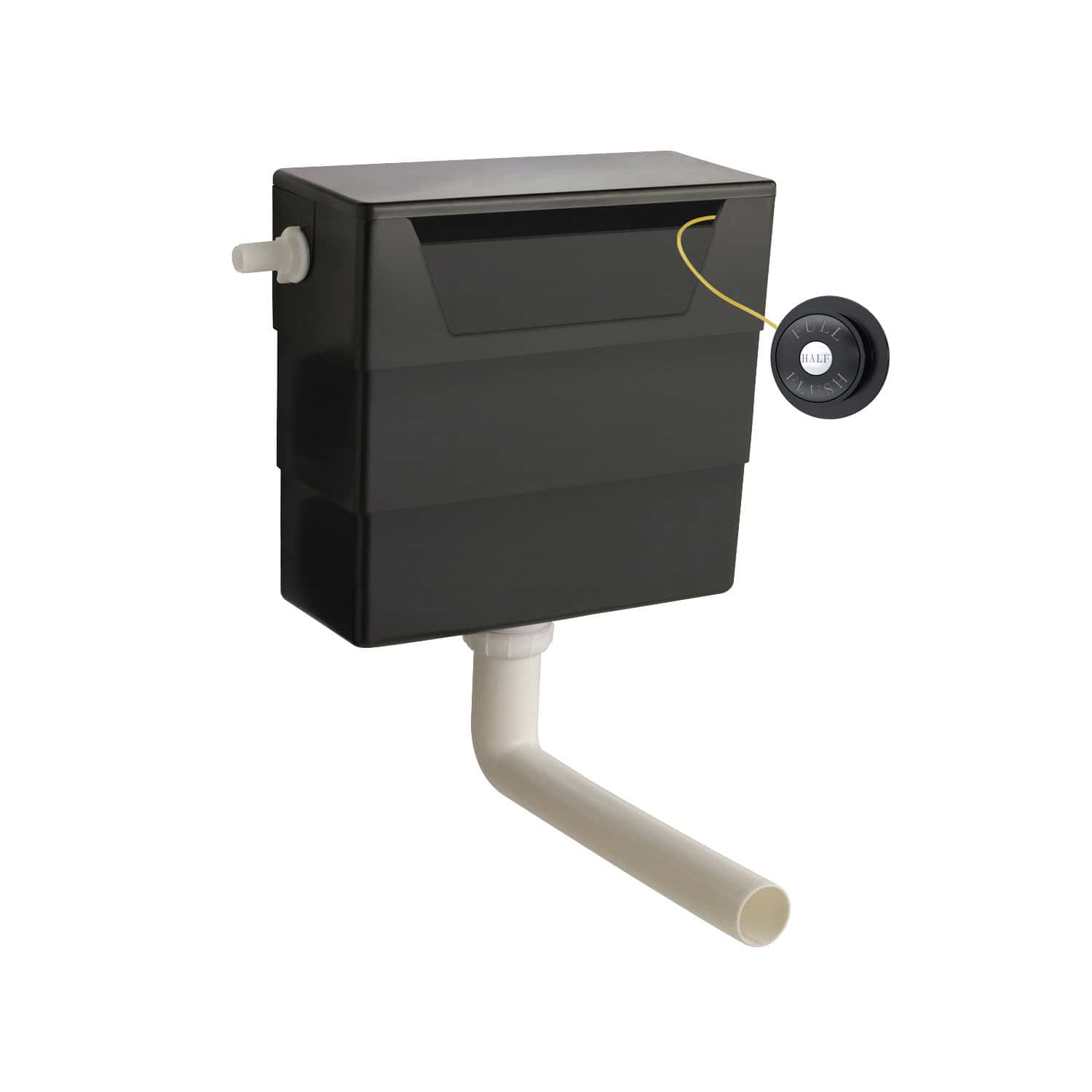 Black dual-flush concealed toilet cistern with pipe, suitable for modern bathroom installations, designed for efficient water usage and seamless integration into bathroom decor.