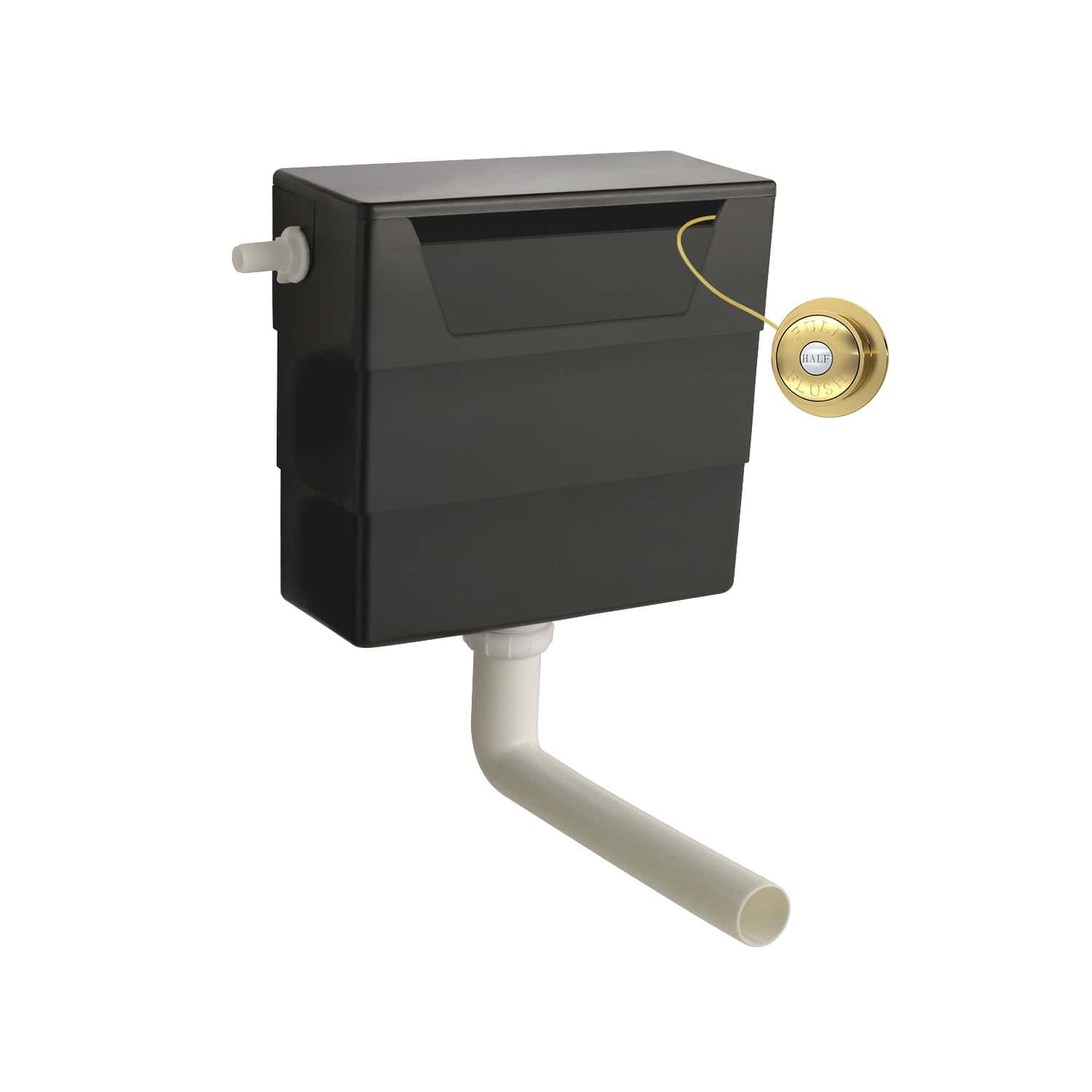 Black concealed toilet cistern with flush button and white PVC pipe connection for bathroom installation.
