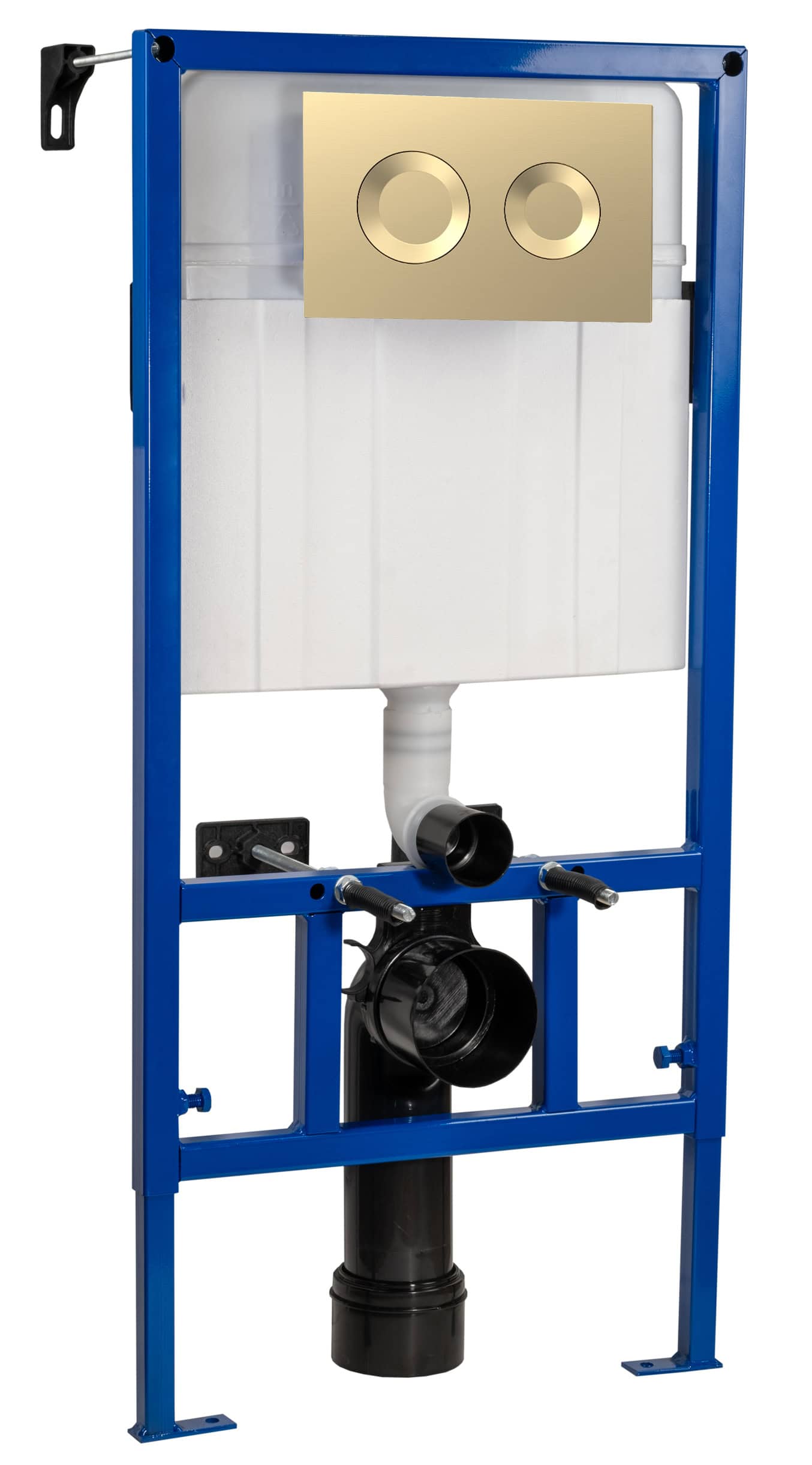 Flush tank with blue metal frame and white ceramic cistern, used for concealed toilet installation in modern bathroom bathrooms.