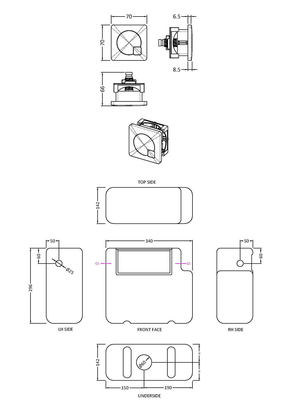 High-quality bathroom installation contact box from Bubly Bathrooms, featuring precise dimensions and durable materials for reliable bathroom wiring and electrical safety.