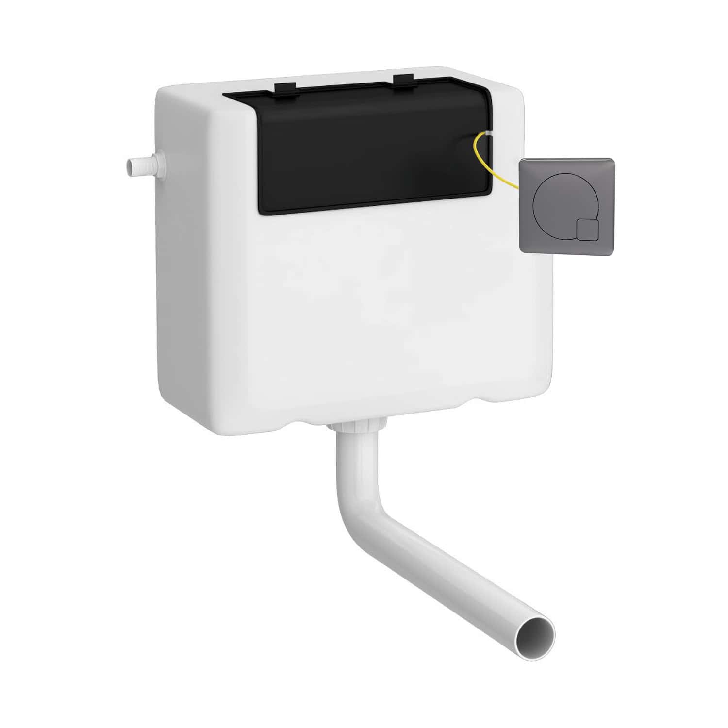 Valve cistern, toilet flush valve with dual flush mechanism, for modern bathroom plumbing, white and grey construction.