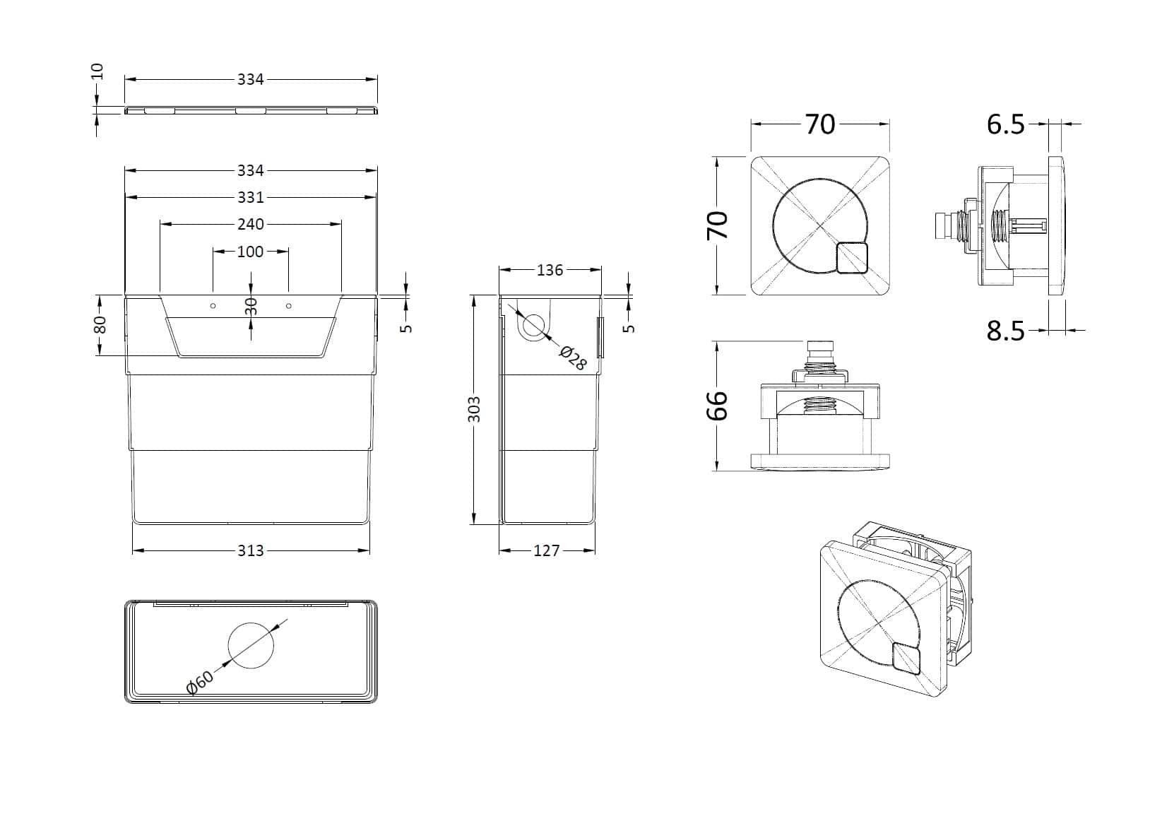Schematic technical drawing of a modern bathroom basin with precise dimensions for installation and design.