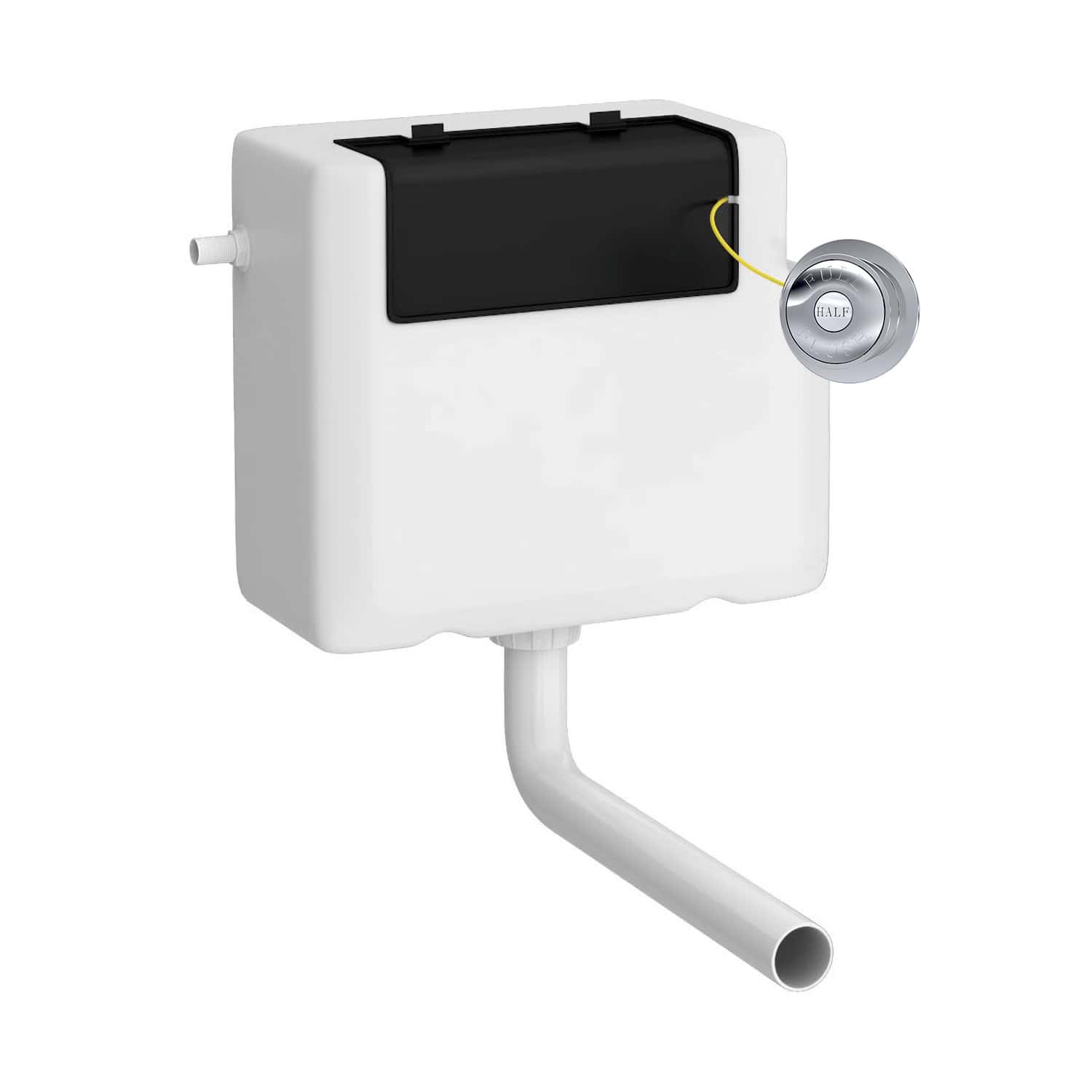 White toilet cistern with an attached flush valve for modern bathroom plumbing, designed for efficient water use and easy installation. Ideal for updating bathroom toilets with reliable cistern systems.