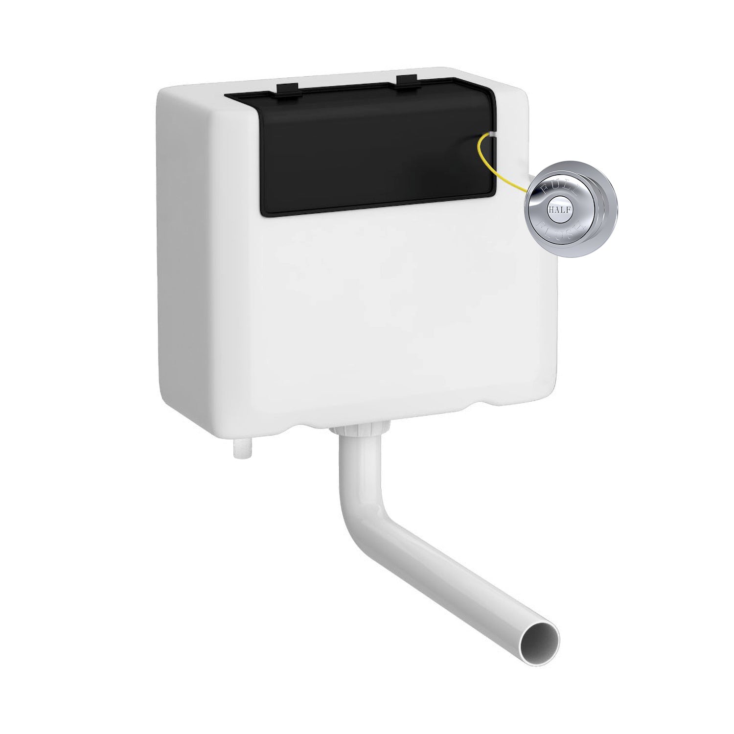 Flush toilet cistern with a black flush button and white pipe, modern bathroom fixture, ideal for plumbing and sanitary ware installations.