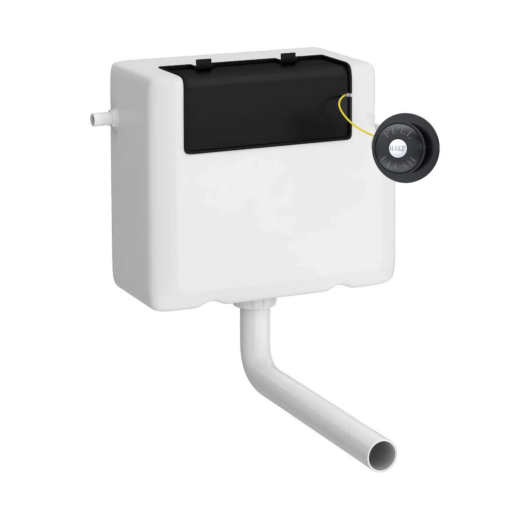 White toilet cistern with flush mechanism and outlet pipe, designed for modern bathroom installations. Easy to install and maintain, ideal for residential and commercial bathrooms.