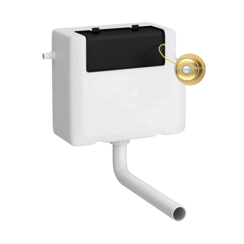 Wc concealed cistern with a white box and black lid, ideal for modern bathroom installations. Features a dual-flush system with a gold flush button, promoting water efficiency and sleek design.