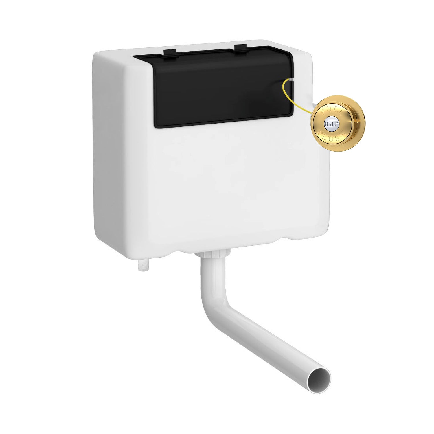 Flush tank with a modern white design and gold flush button, ideal for contemporary bathroom bathrooms from Bubly Bathrooms. Durable and easy to install toilet cistern with a sleek finish.