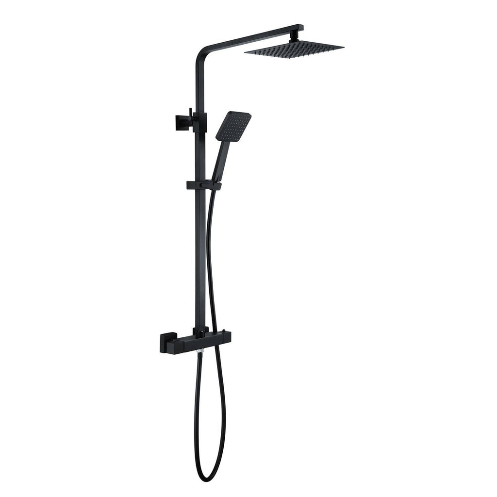 Sleek black modern shower system with rainfall and handheld shower heads for luxurious bathroom upgrades. Perfect for contemporary bathroom design.