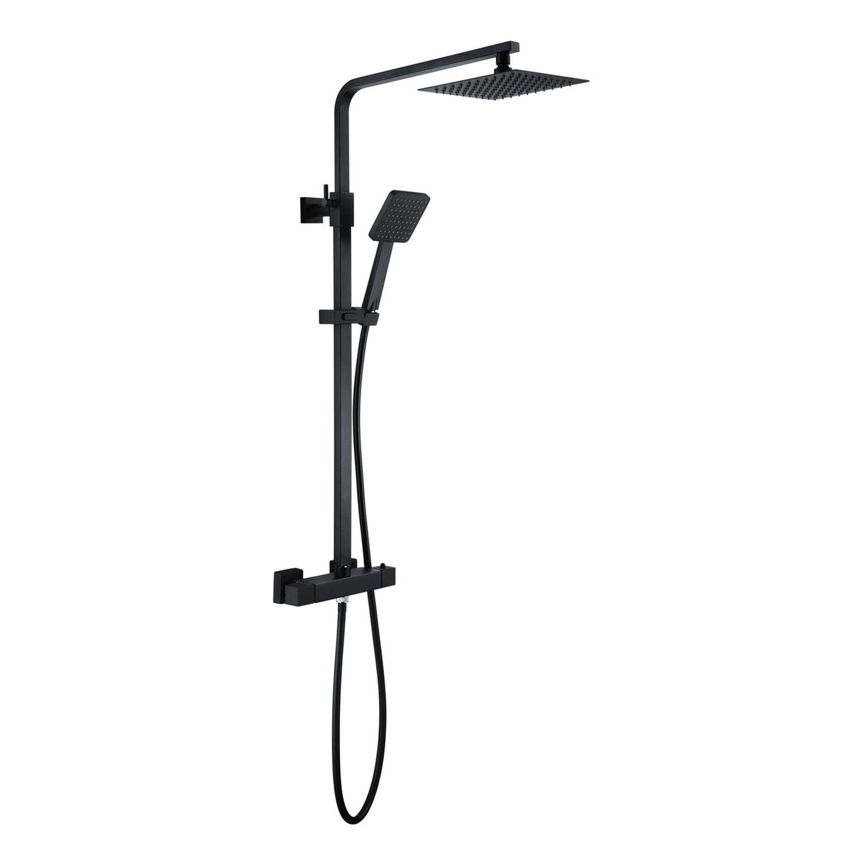 Sleek black modern shower system with rainfall and handheld shower heads for luxurious bathroom upgrades. Perfect for contemporary bathroom design.